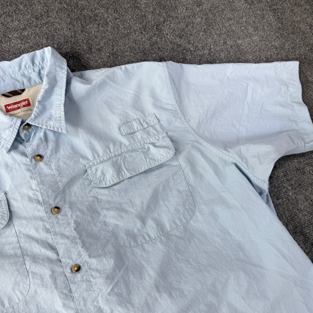 Wrangler Fishing Utility Shirt Men 3XL Light Blue Short Sleeve Vented Back Nylon